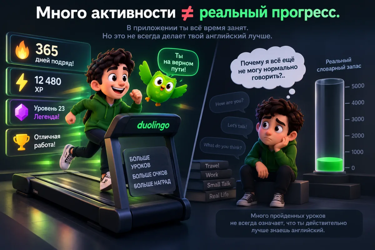 Иллюстрация: высокая активность в приложении не гарантирует реального словарного прогресса