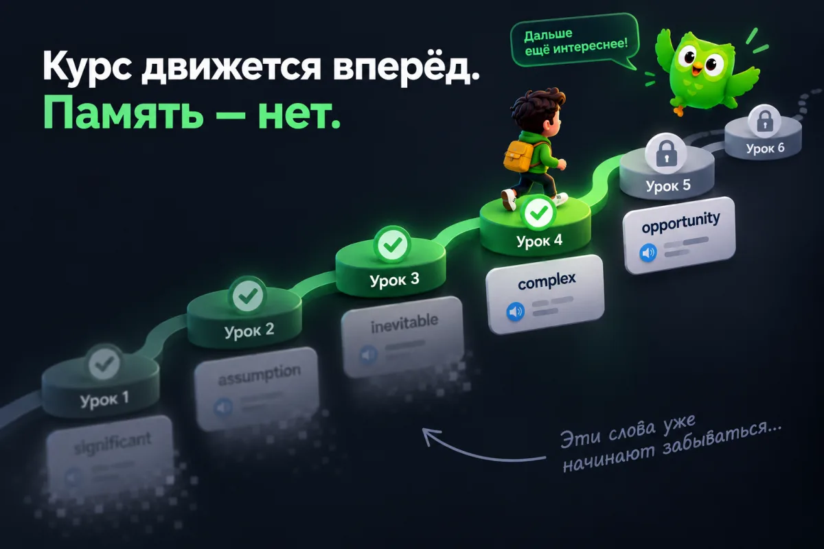 Иллюстрация: линейный путь курса продолжается, пока ранние слова начинают забываться